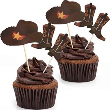 Imagem de 60 peças de chapéu e bota de cowboy ou vaqueira, enfeites de cupcake de aniversário ocidental, palitos de chá de bebê, palitos de chá de bebê, suprimentos de lembrancinhas de festa com tema ocidental