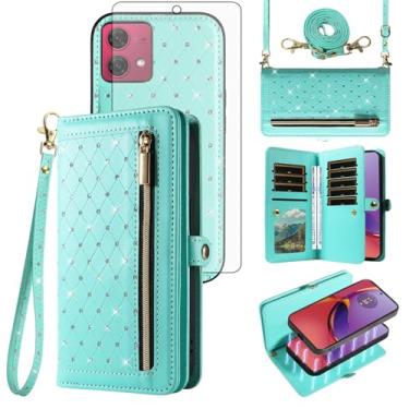 Imagem de Asuwish Capa de celular para Motorola Moto G84 5G carteira com zíper destacável capa magnética com protetor de tela de vidro temperado alça transversal Bling Glitter Flip suporte para cartão de