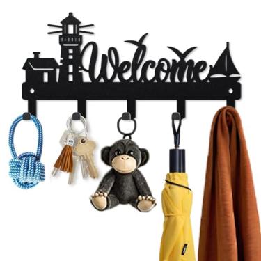 Imagem de MAYJOYDIY Ganchos de metal para chave de farol preto, 12 x 24 cm, gancho de boas-vindas montado na parede, gaivotas, porta-chaves de metal para parede, com 5 ganchos para bolsa de chaves, roupas,