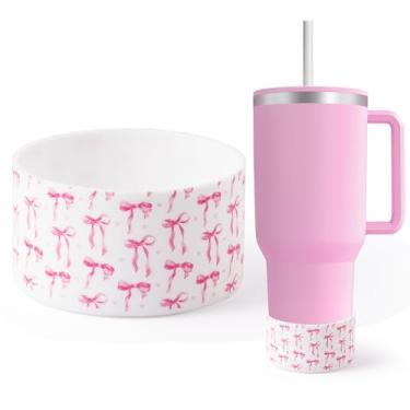 Imagem de R HORSE Coquette Bota de silicone com laço rosa para Stanley Cup 30 1,134 g, bota de silicone antiderrapante para Stanley IceFlow Flip 30 567 g, Hydro Flask garrafas de água protetor inferior capa de