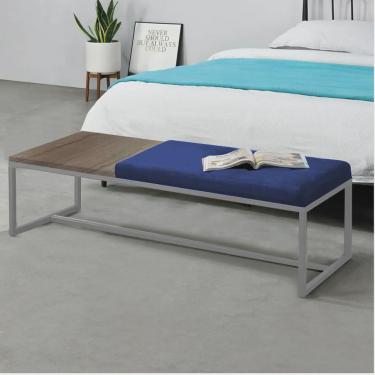 Imagem de Calçadeira Recamier Londres 195cm Industrial Cinza Suede Azul Marinho Tampo Quadrado mdf Nogal - Ahz Móveis