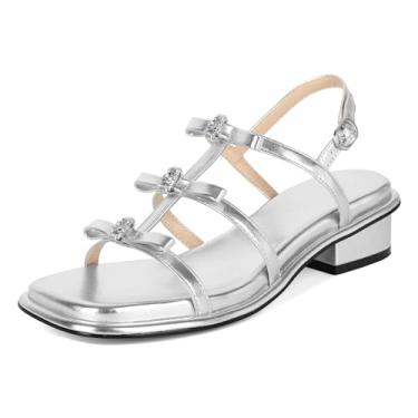 Imagem de Zamikoo Sandálias femininas de salto baixo bloco grosso bico quadrado salto tiras verão sandálias elástico laço strass bonito casual sapatos sociais 3,5 cm, Prata fosca, 39