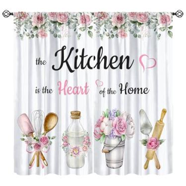 Imagem de Cortinas rústicas de cozinha de fazenda, flores rosa floral country utensílios de cozinha de madeira impressas com citações engraçadas cortinas de janela para sala de estar quarto 183 cm L x 160 cm C