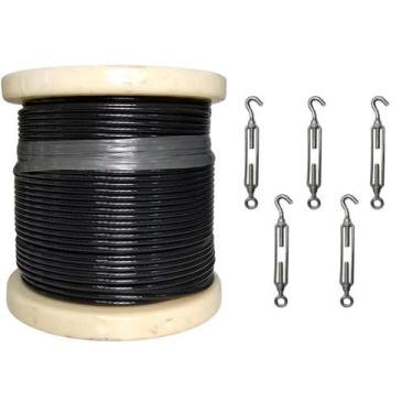 Imagem de Cabo Aço 1/8 Revestido PVC Preto Academia 100M + 5 Esticadores - Shopl