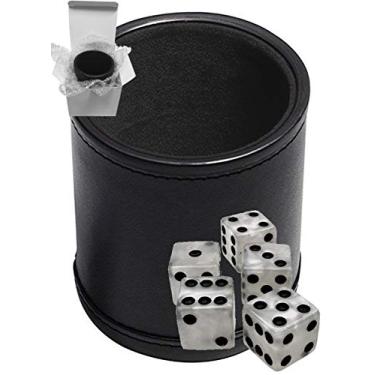 Imagem de Set of 16mm Marbleized Squared Corners Dice and Black PU Leather Dice Cup Plush Velvet Lined - Gift Boxed (Pearl Dice, Black/Black Cup)