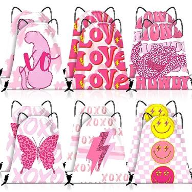 Imagem de Paterr 12 peças de mochila rosa estilo preppy lembrancinha de festa com cordão, decorações de festa rosa, sacos de cordão de academia, decorações de aniversário para armazenamento de presente, Como
