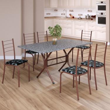 Imagem de Conjunto Sala De Jantar Mesa Retangular 140x75cm Tampo Granito Ocre 6 Cadeiras Rio Preto Floral - Marrom