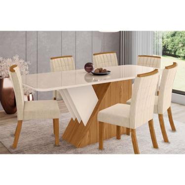 Imagem de Conjunto Mesa De Cozinha Épic Sc24 Tampo Madeirado Com Vidro Canto Curvo 160x90cm E 6 Cadeiras Tauá Nature Linho Henn