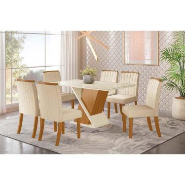 Imagem de Conjunto Mesa De Cozinha Solus Tampo Madeirado Com Vidro Curvo 160x90cm E 6 Cadeiras Tauá Nature Linho Henn