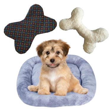 Imagem de Cama Bigata M Tecido Soft Com Comedouro E Ossinho Kit 3 Peças Cinza