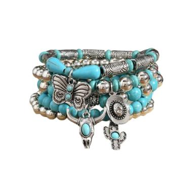 Imagem de JHJEWH Pulseiras femininas ocidentais, pulseiras elásticas com contas turquesa cowgirl, conjunto de pulseiras de cowboy empilháveis com cabeça de touro, acessórios de joias de vaqueira ocidental para
