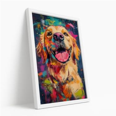 Imagem de Quadro Decorativo com moldura Cachorro Colorido Pet Golden Retrô Pop Art Alegre Divertido Quarto Sala Estilo Moderno Criativo Pet Lovers