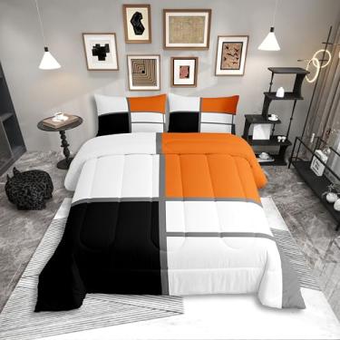 Imagem de Erosebridal Conjunto de edredom geométrico abstrato para adultos, mulheres, homens, listrado, azul e branco, geométrico, quadriculado, conjunto de edredom, arte moderna, patchwork, coleções