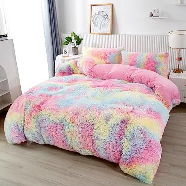 Imagem de PERFEMET Conjunto de 3 peças de edredom Queen fofo e felpudo tie dye conjunto de cama para meninas colorido arco-íris ultra macio veludo peludo (rosa, queen)