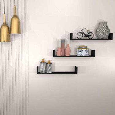 Imagem de Kit 4 Prateleiras Nichos em U 90x25 MDF Preto com Suporte Flutuante Invisível