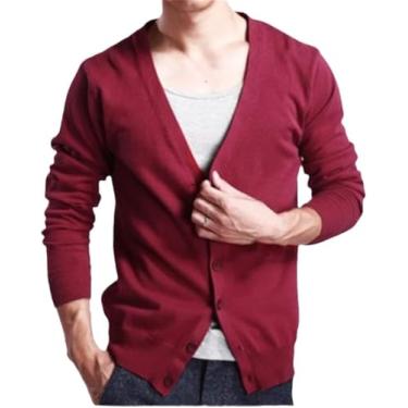 Imagem de Ehaioo Primavera Outono Masculino V-nec Cardigan Suéter Slim Cintura Fina Casaco De Lã, Dark Red, XL