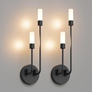 Imagem de Tipace Arandela de parede LED moderna preta com fio conjunto de 2 luzes de montagem de parede internas com sombra de vidro para sala de estar, quarto, corredor, corredor, conservatório, branco quente