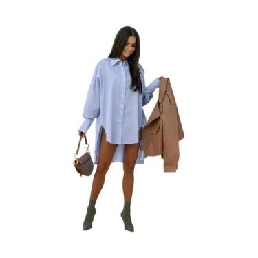 Imagem de Camisa Feminina Oversized Vintage Azul e Branca - Manga Comprida e Gol