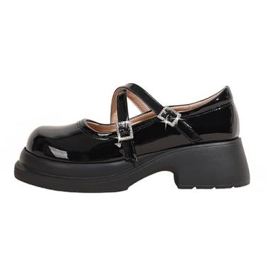 Imagem de EGGDK Sapatos femininos Mary Jane de couro envernizado plataforma salto grosso - bico redondo tira no tornozelo sapato vestido scarpin para Y2K retrô Kawaii, vestido de uniforme festa e cosplay, Preto