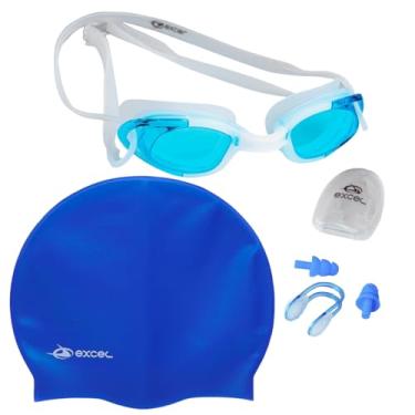 Imagem de Excel Kit Completo Natação, Óculos Flow com Lentes de Policarbonato, Touca de Silicone SC-01, Protetores de Ouvido e Nariz (Azul)