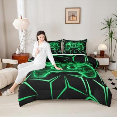 Imagem de Conjunto de edredom de gamepad neon verde para adolescentes, tamanho Queen, videogame, decoração de quarto de meninos, geométrico, arte abstrata, controle de cama de jogo, edredom para jogos com 2