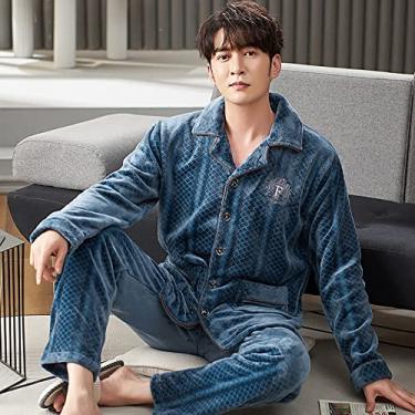 Imagem de ifgswopq Pijamas para homens conjuntos de pijama de flanela masculino inverno masculino conjunto de lounge quente grosso moda bordado listrado pijama masculino casual loungewear 3GG (cor: Tamanho
