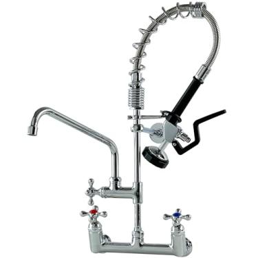 Imagem de YooGyy Torneira de cozinha de pia comercial com pulverizador de pré-enxágue, centro de montagem na parede de 20 cm de altura com bico giratório de 30 cm, acabamento cromado construído em latão