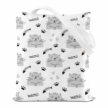 Imagem de Sacola caprichosa de espinha de peixe de gato, bolsa de ombro reutilizável de lona para compras de férias, trabalho, bolsa de praia portátil de grande capacidade, presente para amantes de gatos para