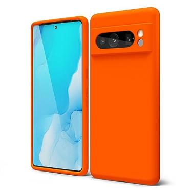 Imagem de oakxco Capa de telefone para Google Pixel 8 Pro com aderência de silicone líquido, cor sólida brilhante fluorescente, linda e fina de borracha macia TPU lisa gel fosco para mulheres e meninas, laranja neon queimado