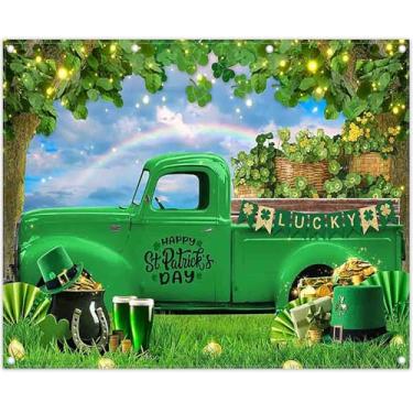 Imagem de YCUCUEI Tecido 3 x 2,4 m Feliz Dia de São Patrício Pano de fundo verde Caminhão da Sorte Trevo Irlandês Moedas de Ouro Arco-íris Fotografia Fundo Festival Festa Decoração Foto Adereços