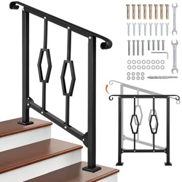 Imagem de Corrimãos para degraus ao ar livre, corrimão ajustável ao ar livre para 2-3 degraus e uso horizontal, corrimão de escada de ferro forjado preto para escadas de madeira, degrau de concreto, deck de