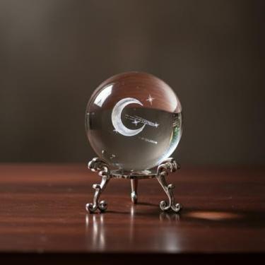 Imagem de Decoração de bola de cristal 3D com suporte - Ornamento de mesa de cristal de vidro 3D gravado a laser com vários padrões para escritório em casa, quarto