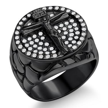 Imagem de Oaldilee Anel de cruz masculino crucifixo de zircônia cúbica de aço inoxidável para homens, banhado a ouro 18 K, preto, anel de Jesus Cristão Religioso de Prata, Tamanho 7-14, Metal, Zircônia cúbica