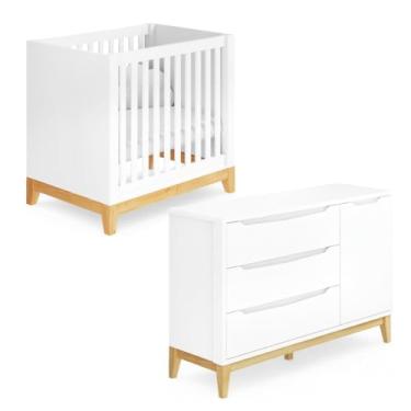 Imagem de Quarto de Bebê Retrô Amor Perfeito com Berço Médio, Colchão e Cômoda 3 Gavetas 1 Porta MDF e Madeira Maciça, Pintura UV Atóxica, Estrado Ajustável e Design Clean