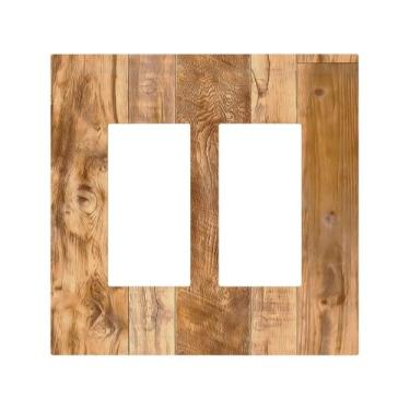 Imagem de Naiqadnehz Capas decorativas de madeira rústica, textura de madeira natural, 2 gangues, interruptor de luz duplo, placa de interruptor elétrico, decorativa, placa de parede GFCI para decoração de casa