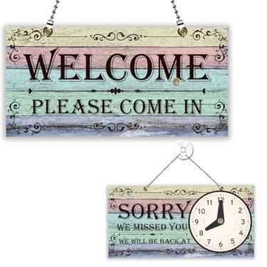 Imagem de PLIGREAT Placa fechada aberta dupla face com relógio Welcome Please Come In Sorry We Missed You Sinais para negócios loja de varejo janela parede decoração sinais de porta pendurada com corrente