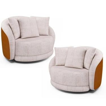 Imagem de Kit 2 Poltronas Decorativa Giratória Para Sala Kaly M22 Sintético Caramelo/linho Bege - Mpozenato