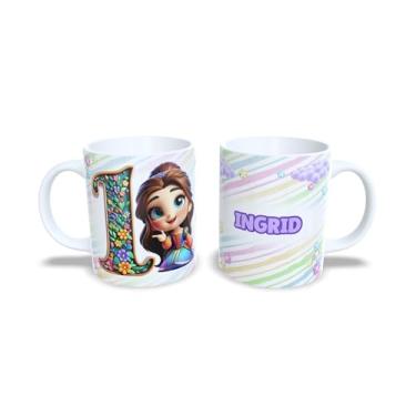 Imagem de caneca cerâmica 325 ml alfabeto princesas, todas as letras, nomes personalizados, Design Colorido com Flores (i)