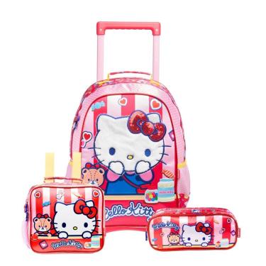 Imagem de Mochila Rodas Hello Kitty Lancheira Térmica Estojo Duplo