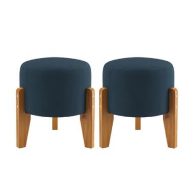 Imagem de Kit 2 Puffs Odin Decorativos Redondos Estofados com Pés Palito em Madeira – Puff Banqueta Elegante(Azul)