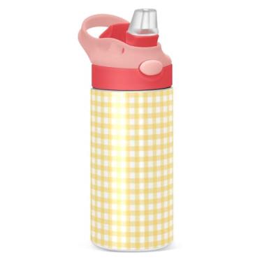 Imagem de JUZIHAI Garrafas de água infantis Yellow Gingham Garrafa de aço inoxidável isolada a vácuo de 350 ml com tampa de palha, copo de viagem à prova de vazamento
