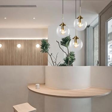 Imagem de Luminária pendente retrô de mesa com esfera de vidro transparente, estilo industrial em bronze antigo, com 3 lâmpadas e altura ajustável, ideal para ilha de cozinha, sala de jantar, sala de