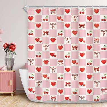 Imagem de Imirell Cortina de chuveiro Feliz Dia dos Namorados 152 cm L x 182 cm A romântica rosa xadrez vermelho amor coração laço cereja morden feminino doce bonito tecido elegante poliéster impermeável com