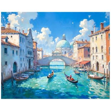 Imagem de Kit de pintura por números do canal de Veneza para adultos – pintura de paisagem urbana de ponte e gôndolas DIY em tela 40,6 x 50,8 cm, conjunto de tinta acrílica, arte de parede para iniciantes para