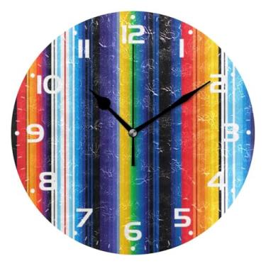 Imagem de JUZIHAI Relógio de parede mexicano Serape com listras silencioso, sem tique-taque, redondo, operado por bateria, fácil de ler, relógio decorativo de parede para casa, cozinha, sala de estar, quarto