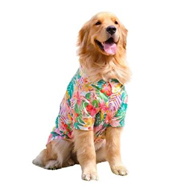 Imagem de HDKUW Fantasia havaiana de cachorro grande, camisetas legais para cães roupas de verão, camisa havaiana para cães grandes, design para verão estilo luau praia acampamento férias 8GG vermelho