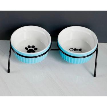 Imagem de Comedouro Duplo Elevado para Cães e Gatos – Tigelas de Cerâmica 3ml | Suporte Anti-Derrapante(Azul)