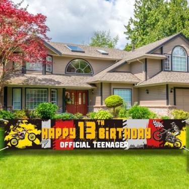 Imagem de Faixa para adolescentes Dirt Bike Offcial - 2,8 x 4,5 m, faixa de corrida de motocicleta, feliz aniversário de 13 anos, artigos de festa de 13 anos para decoração de quintal ao ar livre.