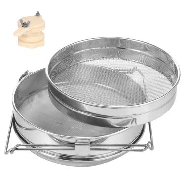 Imagem de Peneira dupla de coador de mel de aço inoxidável, equipamento extrator de mel com suporte ajustável para entusiastas de mel caseiros pequena fazenda de apicultura