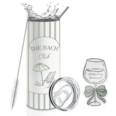 Imagem de BUZCOZY Cartão de pedido de dama de honra e conjunto de copo de 590 ml, copo isolado para despedida de solteira The Bach Club com canudo e tampa, presente Will You Be My Bridesmaid para chá de panela